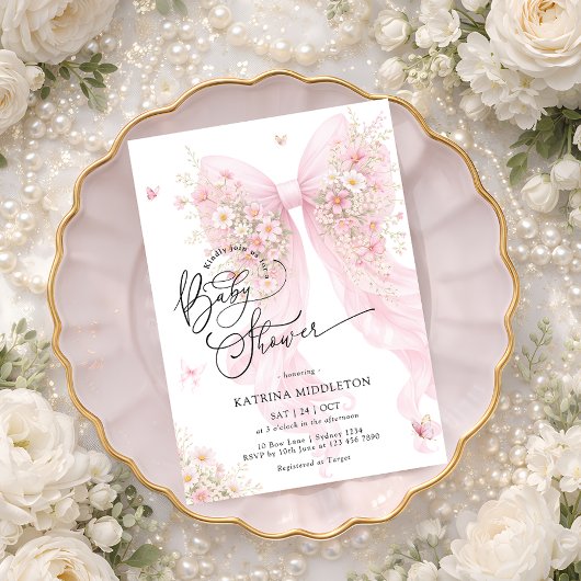 Invitation Elegant Pink Bow Bloom Butterfly Baby Shower