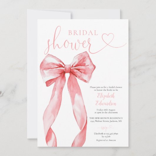 Invitation Elegant Pink Bow Bridal Shower (Devant)
