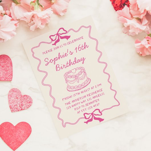 Invitation Elegant Pink Bow & Cake Sweet 16 Birthday Party