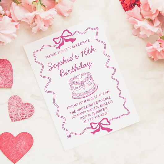 Invitation Elegant Pink Bow & Cake Sweet 16 Birthday Party