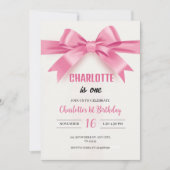 Invitation Elegant Pink Bow "Charlotte is One" First Birthday (Devant)