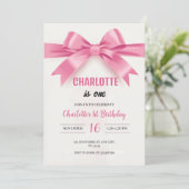 Invitation Elegant Pink Bow "Charlotte is One" First Birthday (Debout devant)