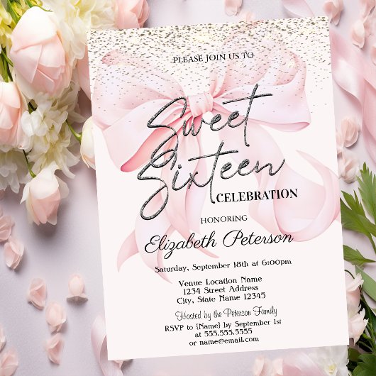 Invitation Elegant Pink Bow Confetti Sweet 16