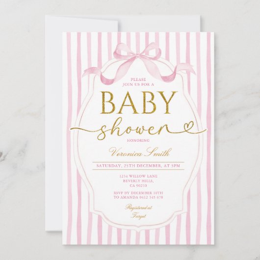 Invitation Elegant Pink Bow Coquette Girl Baby Shower Stripe (Devant)
