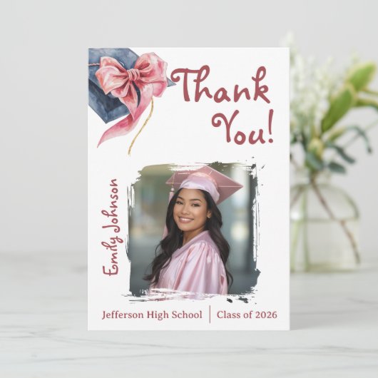 Invitation Elegant Pink Bow Graduation Thank You Card (Debout devant)