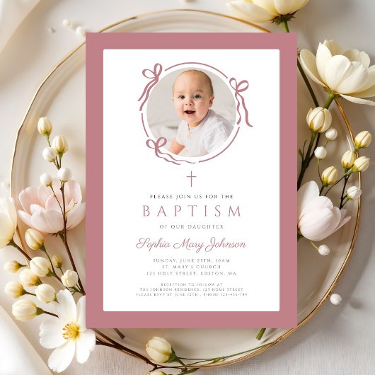 Invitation Elegant Pink Bow Photo Baptism
