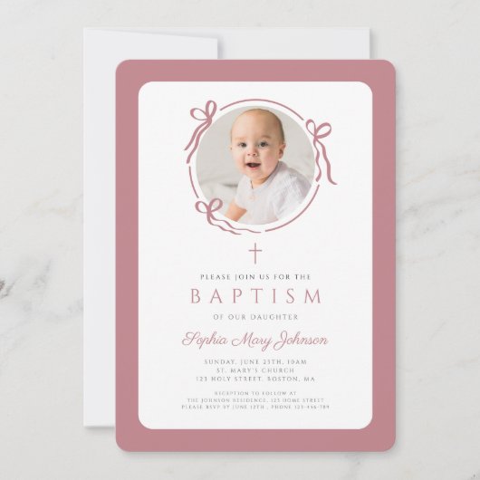 Invitation Elegant Pink Bow Photo Girl Baptism (Devant)