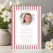 Invitation Elegant Pink Bow Photo Girl First Communion