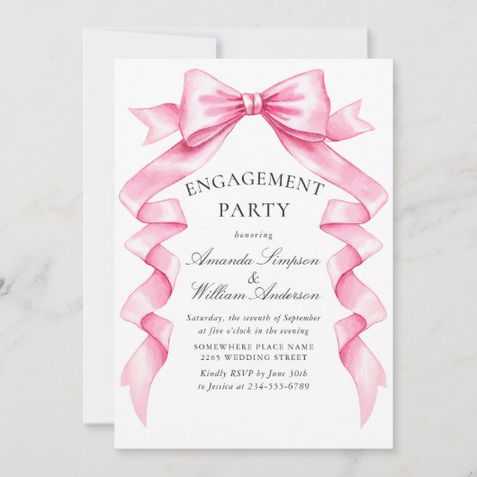 Invitation Élégant Pink Bow RIBbon ENGAGEMENT PARTY (Devant)