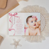 Invitation Élégant Pink Bow & Rosary Photo Baptême
