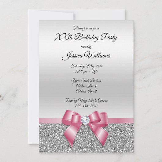 Invitation Elégant Pink Bow & Silver Parties scintillant Anni (Devant)
