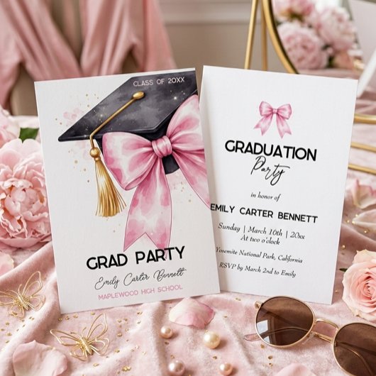 Invitation Elegant Pink Coquette Bow Graduation Hat