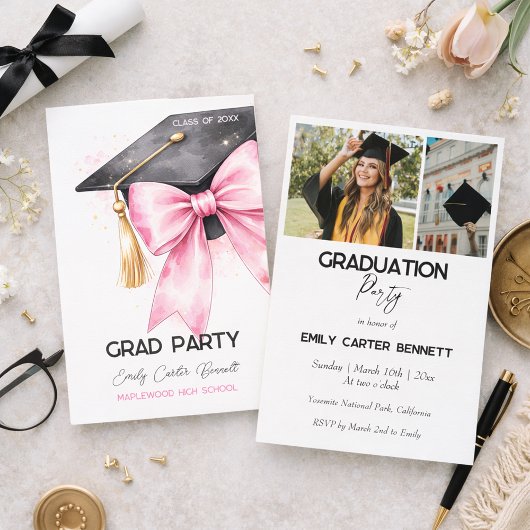 Invitation Elegant Pink Coquette Bow Graduation Hat Phtoto
