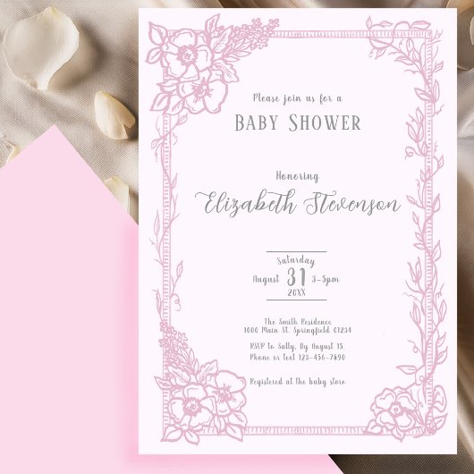 Invitation Elegant Pink Floral Baby Shower 