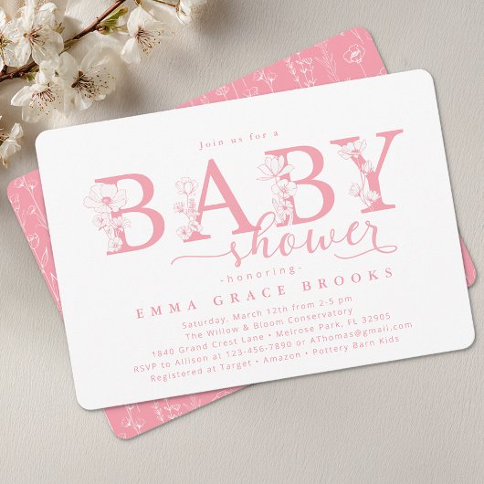 Invitation Elegant Pink Floral Baby Shower Typography