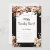 Invitation Elégant Pink Floral Black 90e Anniversaire Brunch (Devant)