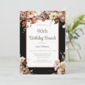 Invitation Elégant Pink Floral Black 90e Anniversaire Brunch (Debout devant)
