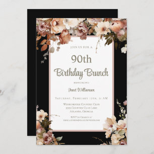 Invitation Elégant Pink Floral Black 90e Anniversaire Brunch