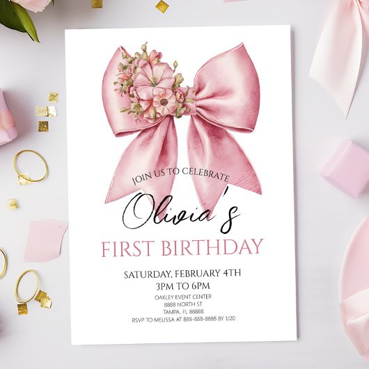 Invitation Elegant Pink Floral Bow Birthday Party
