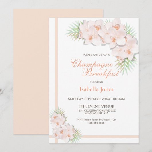 Invitation Élégant Pink Floral Champagne Petit-déjeuner (Devant / Derrière)