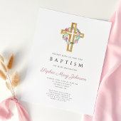 Invitation Élégant Pink Floral Cross Floral Baptism
