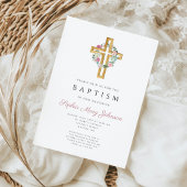 Invitation Élégant Pink Floral Cross Floral Baptism