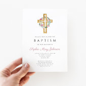Invitation Élégant Pink Floral Cross Floral Baptism