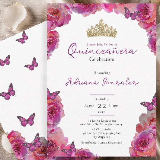 Invitation Elegant Pink Floral Crown Quinceanera