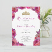 Invitation Elegant Pink Floral Crown Quinceanera (Debout devant)