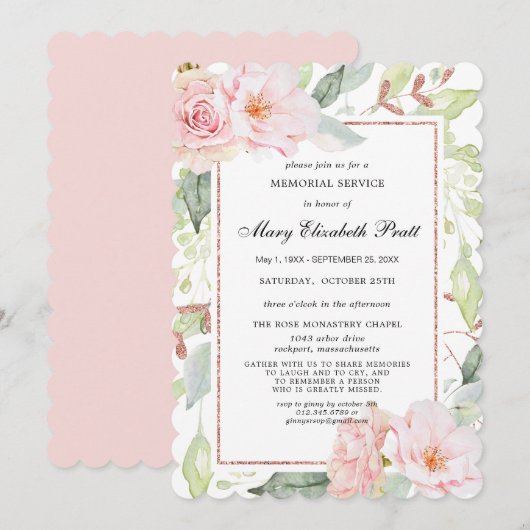 Invitation Elégant Pink Floral Gold Memorial Service Invitati (Devant / Derrière)