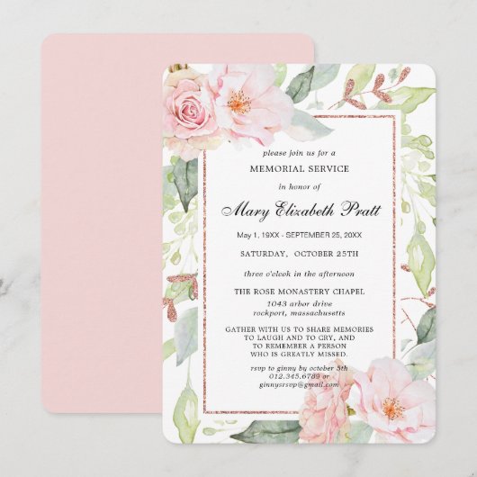 Invitation Elégant Pink Floral Gold Memorial Service Invitati (Devant / Derrière)