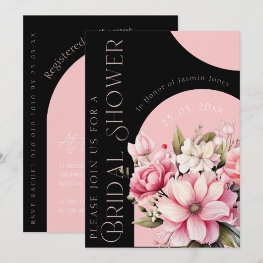 Invitation Elegant Pink Floral Modern Bridal Shower (Devant / Derrière)