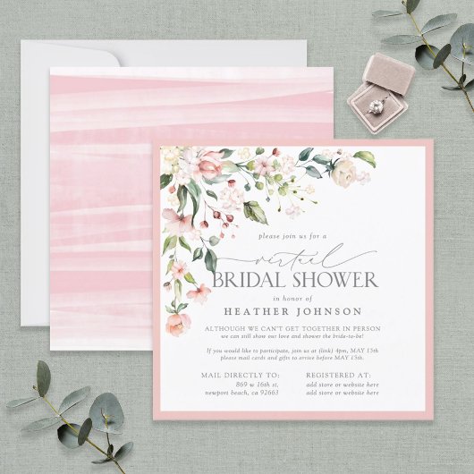 Invitation Elegant Pink Floral Script Virtual Bridal Shower