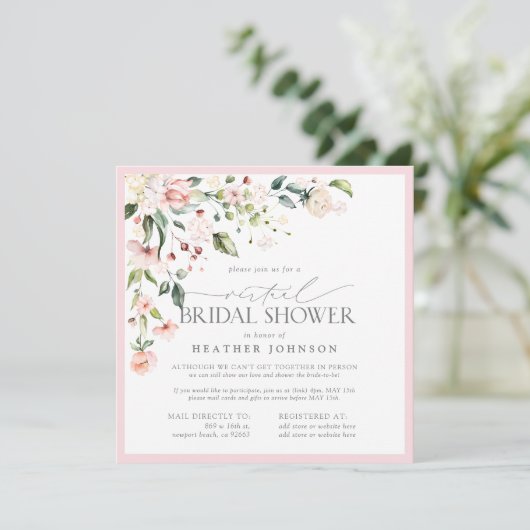 Invitation Elegant Pink Floral Script Virtual Bridal Shower (Debout devant)