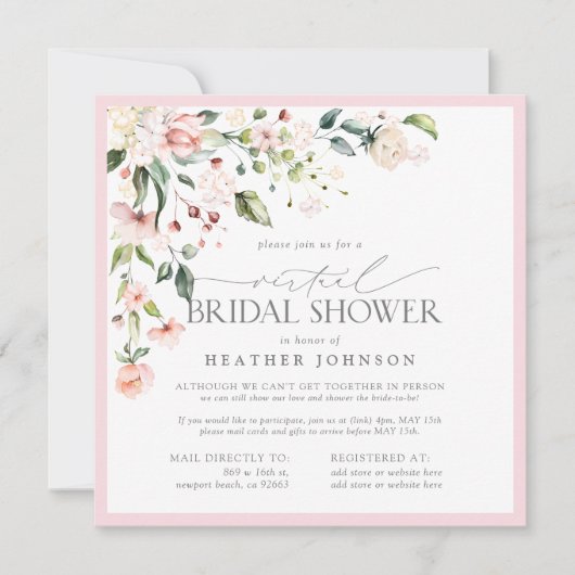 Invitation Elegant Pink Floral Script Virtual Bridal Shower (Devant)
