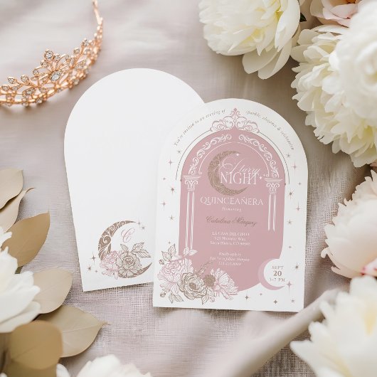 Invitation Elegant Pink Florals Moon Stars Tiara Quinceañera