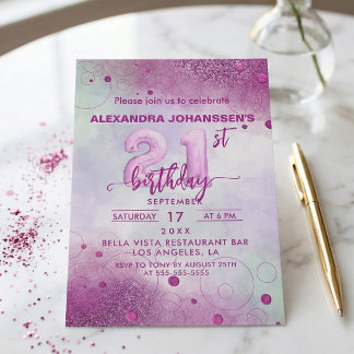 Invitation Elegant Pink Foil Balloon 21st Birthday Party