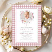 Invitation Elegant Pink Gingham Bow Photo Girl Baptism