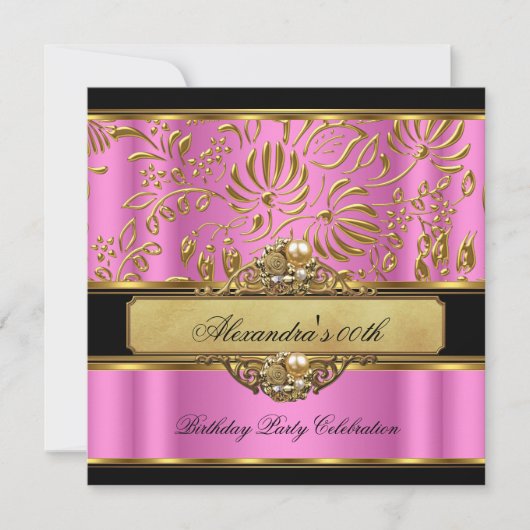 Invitation Elégant Pink Gold Black Damask Pearl Party (Devant)