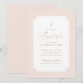 Invitation Élégant Pink Gold Cross Girl Baptism (Devant / Derrière)