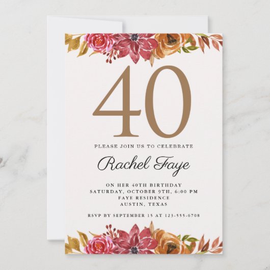 Invitation Elégant Pink Gold Floral 40e Anniversaire Fête Inv (Devant)
