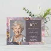 Invitation Elégant Pink Gold Photo 100e anniversaire (Debout devant)