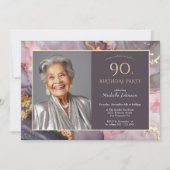 Invitation Elégant Pink Gold Photo 90e anniversaire (Devant)