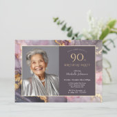 Invitation Elégant Pink Gold Photo 90e anniversaire (Debout devant)