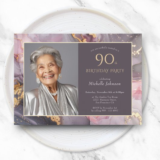 Invitation Elégant Pink Gold Photo 90e anniversaire