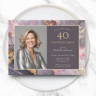 Invitation Elégant Pink Gold Photo Agate 40e anniversaire