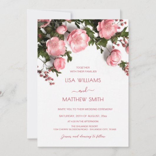 Invitation Elegant Pink Greenery 3D Roses Wedding (Devant)