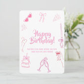Invitation Elegant Pink Happy Birthday Sketch Card (Debout devant)