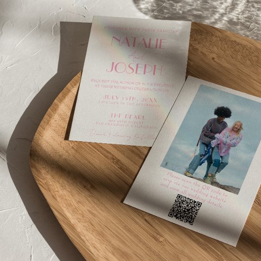 Invitation Elegant Pink Minimalist Wedding Photo QR Code