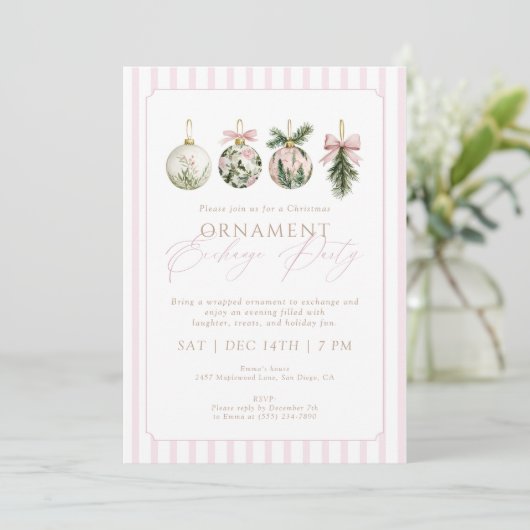 Invitation Elegant Pink Ornament Exchange Christmas Party (Debout devant)